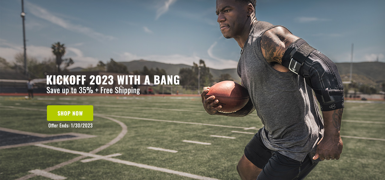 Kickoff 2023 with a Bang - Save up to 35% + Free Shipping - Athlete wearing elbow brace